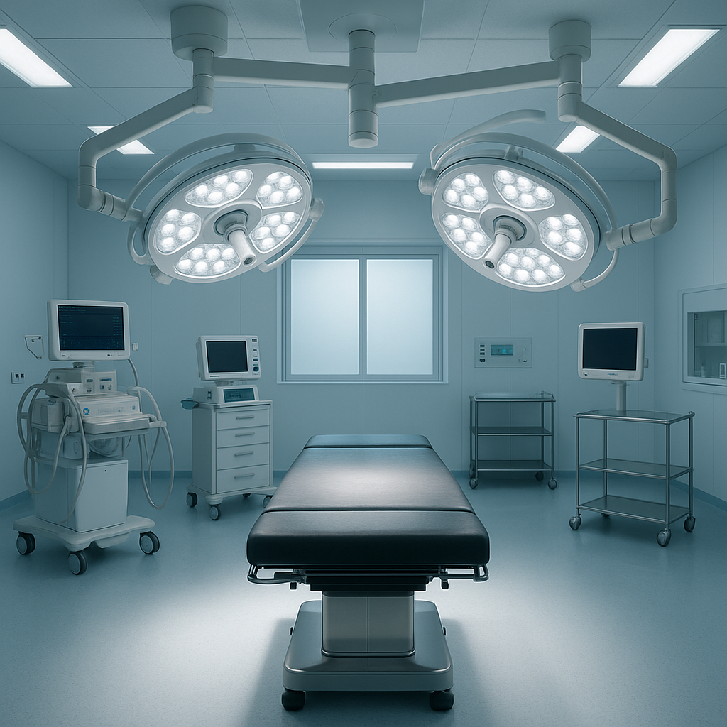 A futuristic operating room with advanced surgical lighting and robotic arms.